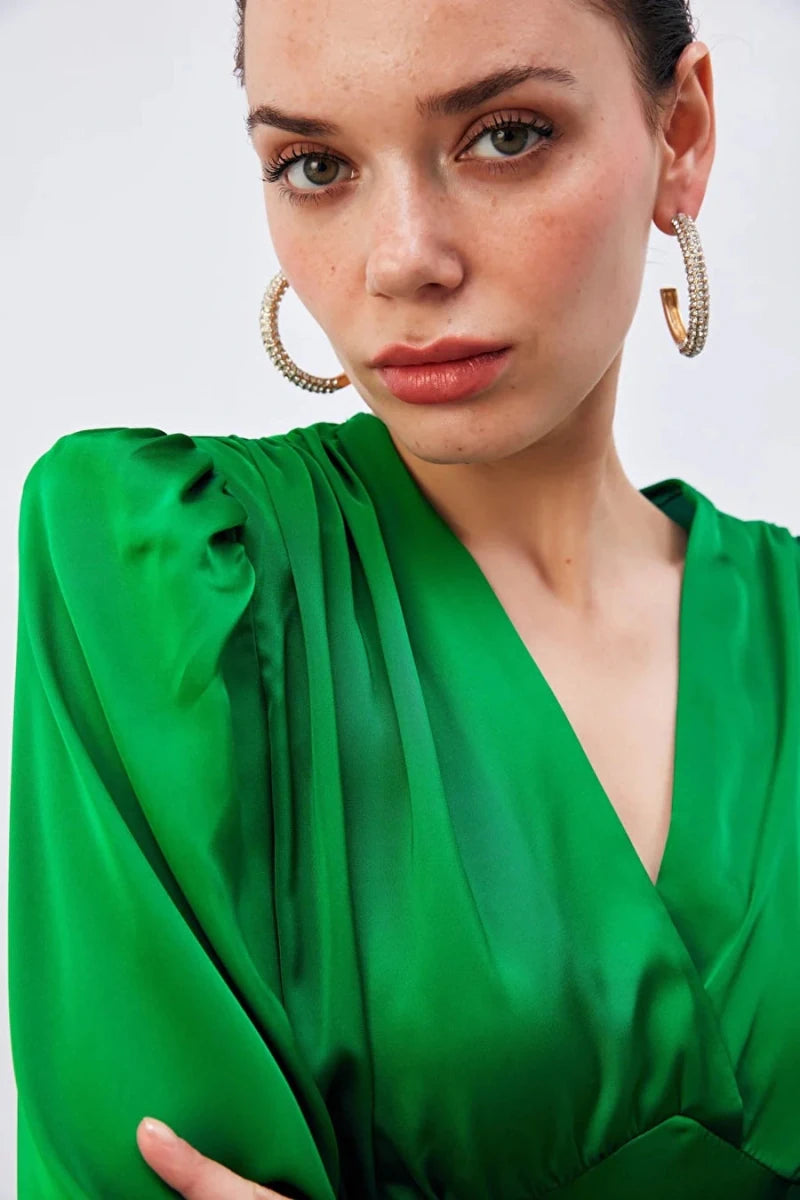 Gaiia Satin Crop Top With Padded Shoulder - Green - GAIIA